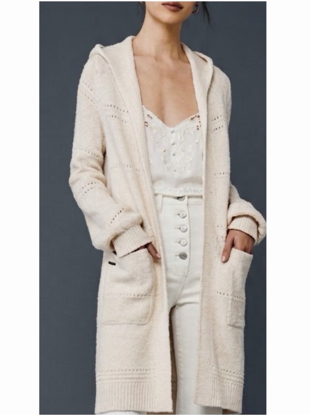 Abercrombie & Fitch Pointelle Knit Hooded Cardigan Sweater S Oatmeal Cream Fall
